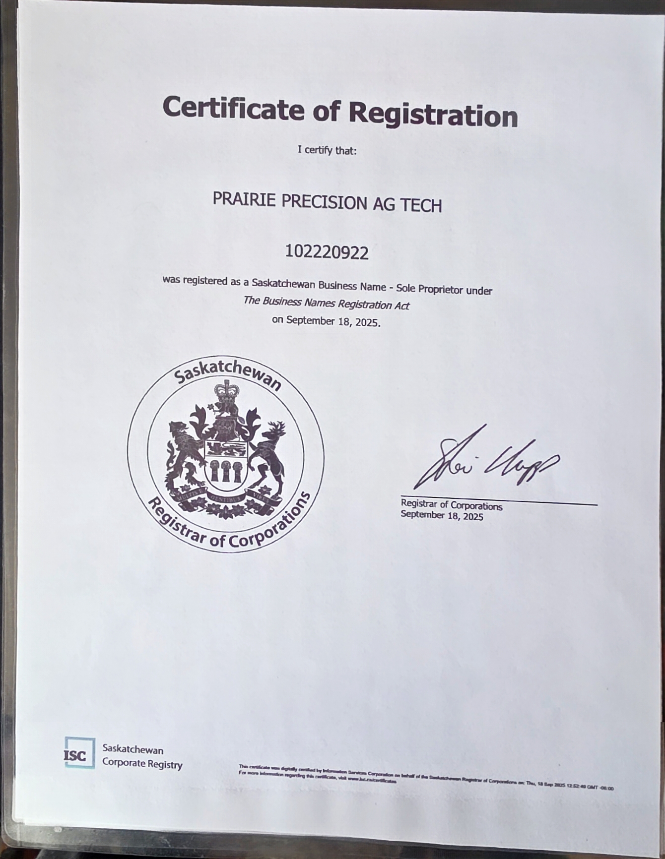 Prairie Precision Ag Tech — Saskatchewan Business Registration #102220922
