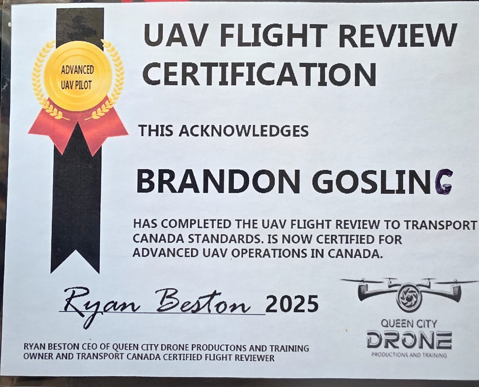 Brandon Gosling — UAV Flight Review Certification, Advanced UAV Pilot, Transport Canada Standards